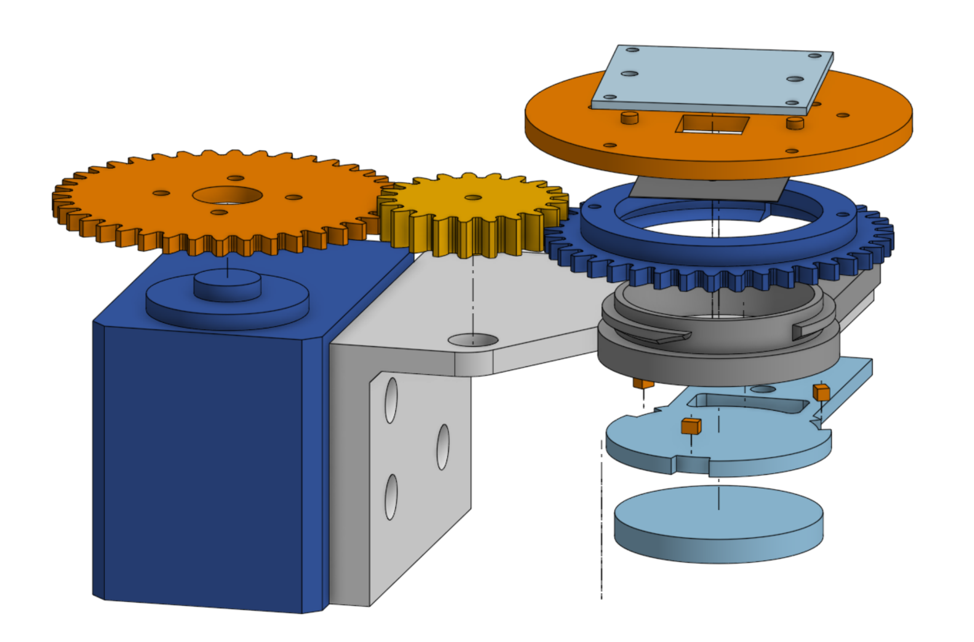 Exploded CAD view of the rotational-scanning sensor, including its pinhole module, gearing, and motor assembly