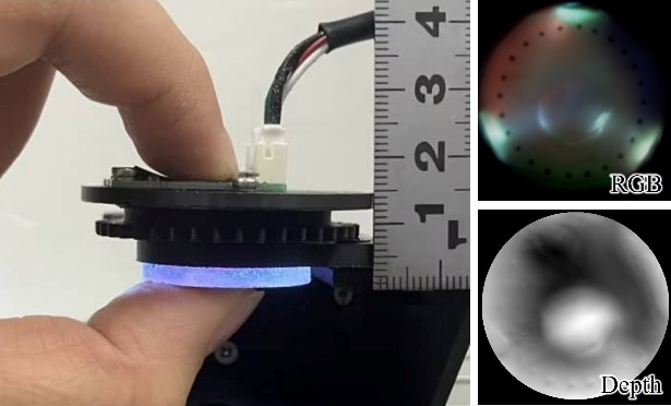 Thin rotating tactile sensor held beside a ruler, with its RGB image and reconstructed depth map